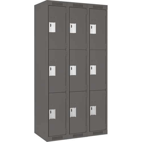 Clean Line Lockers, 3 -tier, Bank of 3, 36" x 18" x 72", Steel, Charcoal, Rivet (Assembled) WestPier