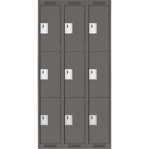 Clean Line Lockers, 3 -tier, Bank of 3, 36" x 18" x 72", Steel, Charcoal, Rivet (Assembled) WestPier