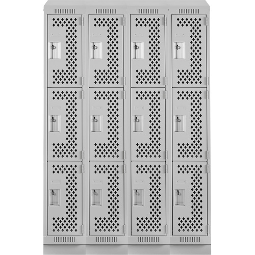 Clean Line Lockers, 3 -tier, Bank of 4, 48" x 15" x 82", Steel, Grey, Rivet (Assembled), Perforated WestPier