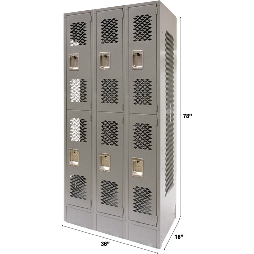 Vented Lockers, 2 -tier, Bank of 3, 36" x 18" x 78", Steel, Grey, Knocked Down, Perforated WestPier