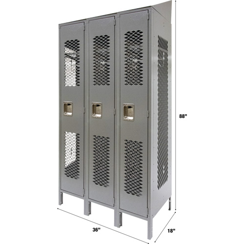 Vented Lockers, Bank of 3, 36" x 18" x 88", Steel, Grey, Knocked Down, Perforated WestPier