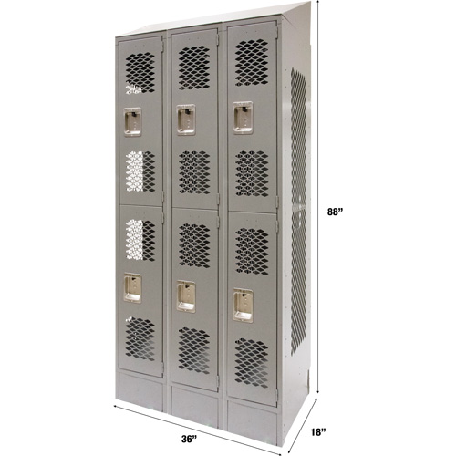 Vented Lockers, 2 -tier, Bank of 3, 36" x 18" x 88", Steel, Grey, Knocked Down, Perforated WestPier