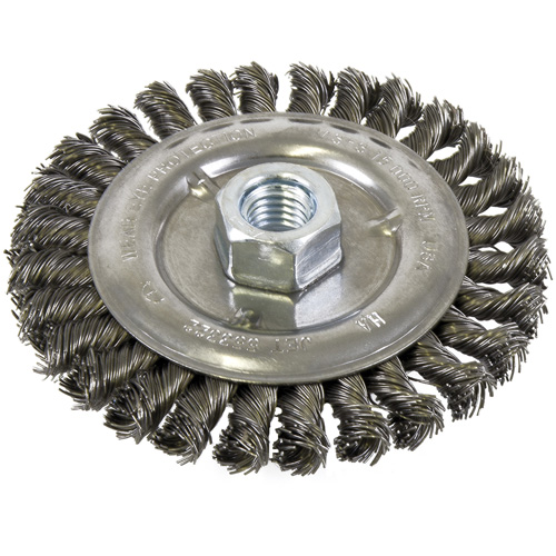 Brosse filet&eacute;e &agrave; fils nou&eacute;s et face standard, Dia. 5", Fils 0,022", Arbre 5/8"-11, Acier WestPier