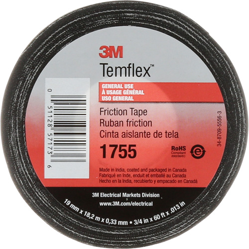 Temflex Cotton Friction Tape 1755, 19 mm (3/4") x 18.28 m (60'), Black WestPier
