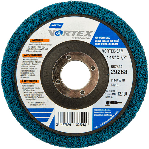 Meule non tiss&eacute;e Vortex, 4-1/2" dia. x 1/2" la, Arbre 7/8", Oxyde d'aluminium WestPier
