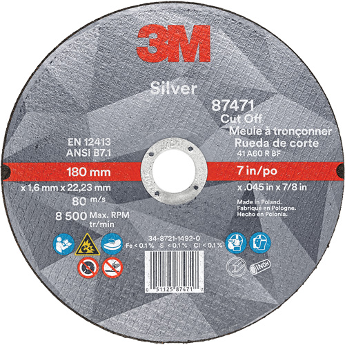 Silver Cut-Off Wheel, 7" x 0.045", 7/8" Arbor, Type 1, Ceramic, 8500 RPM WestPier