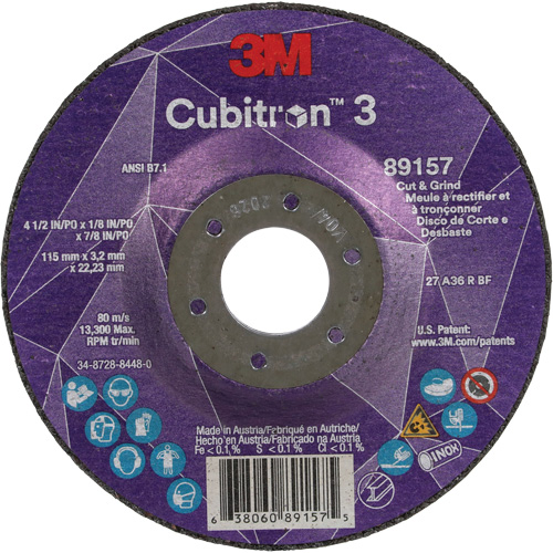 Meule &agrave; rectifier et &agrave; tronçonner Cubitron 3, 4-1/2" x 1/8", Arbre de 7/8", Type 27, Grain de 36, C&eacute;ramique WestPier
