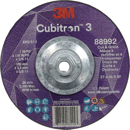 Meule &agrave; rectifier et &agrave; tronçonner Cubitron 3, 7" x 1/8", Arbre de 5/8"-11, Type 27, Grain de 36, C&eacute;ramique WestPier