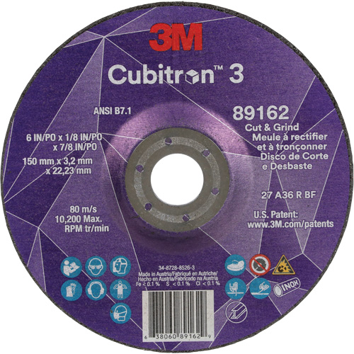 Meule &agrave; rectifier et &agrave; tronçonner Cubitron 3, 6" x 1/8", Arbre de 7/8", Type 27, Grain de 36, C&eacute;ramique WestPier