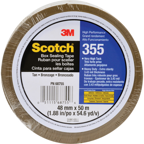 Scotch&reg; 355 Box Sealing Tape, Hot Melt Adhesive, 3.4 mils, 48 mm (1-22/25") x 50 m (164') WestPier