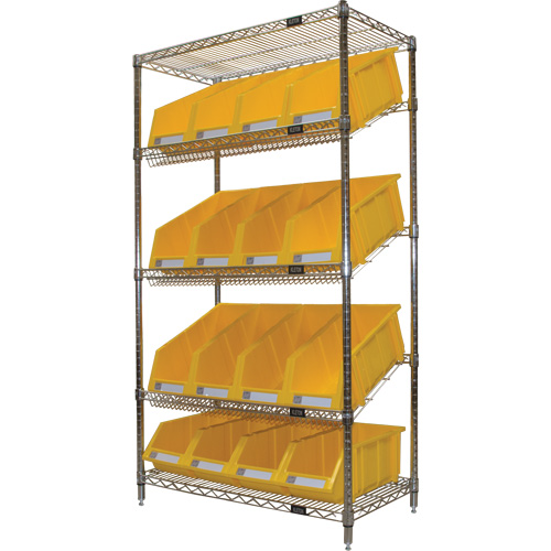 &eacute;tag&egrave;re en treillis m&eacute;tallique &agrave; tablettes inclin&eacute;es avec bacs, Tiers 5, 36" la x 63" h x 18" p WestPier