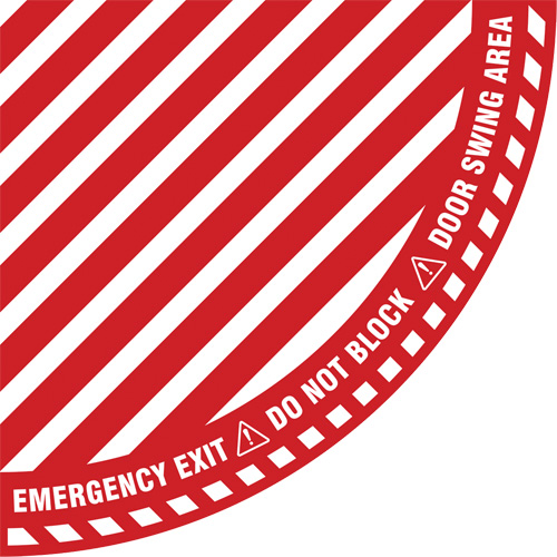 Signalisation au sol ?Emergency Exit? (sortie de secours) pour porte battante en quart de cercle, Adh&eacute;sif, Anglais avec pictogramme WestPier
