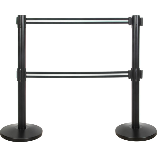 Barri&egrave;re pour le contr&ocirc;le des foules &agrave; courroie double, Acier, 35" h, Ruban Noir/Blanc, Longueur du ruban 7' WestPier