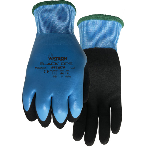 Stealth Black Ops Water-Resistant Gloves, Size Small, 15 Gauge, Rubber Latex Coated, Glass Fibre/Polyester Shell, ASTM ANSI Level A4 WestPier