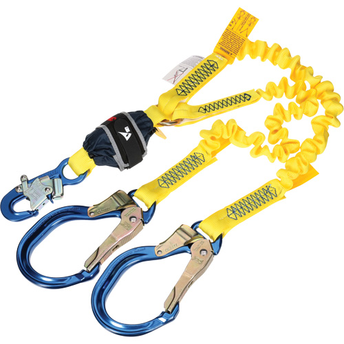 Twin-Leg Stretch Web Shock-Absorbing Lanyard, 6', Rebar Hook Center, Snap Hook Leg Ends WestPier
