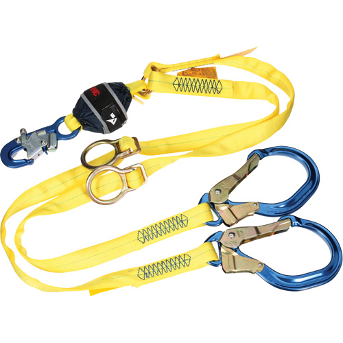 Twin-Leg Tie-Back Web Shock-Absorbing Lanyard, 6', Rebar Hook Center, Snap Hook Leg Ends, Polyester WestPier