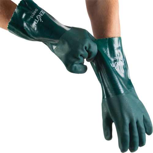 Double Dipped Green Gloves, 14" L, PVC, Cotton Jersey Inner Lining, 70-mil WestPier