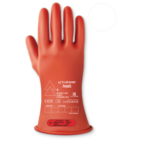 ActivArmr&reg; Electrical Insulating Class 0 Gloves, 9, 11" L, Level 1, ASTM D120/ATSM F2675:2021/IEC 614821-2:2014 WestPier