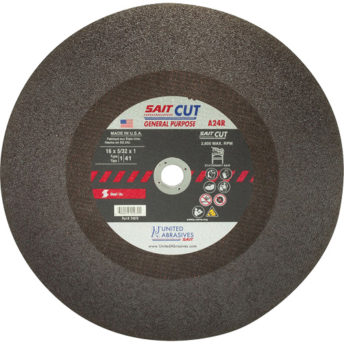 Cut-Off WHEEL A24R, 16" x 5/32", 1" Arbor, Type 1, Aluminum Oxide, 3800 RPM WestPier