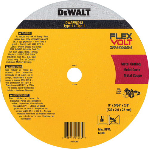 FlexVolt&reg; Metal Cut-Off Wheel, 9-1/16" x 0.078", 22.23 mm Arbor, Ceramic, Type 1 WestPier