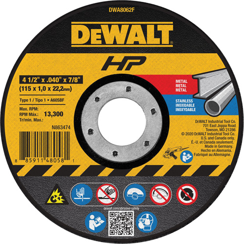 HP Metal Cut-Off Wheel, 4-1/2" x 0.04", 7/8" Arbor, Type 1, Aluminum Oxide, 13300 RPM WestPier