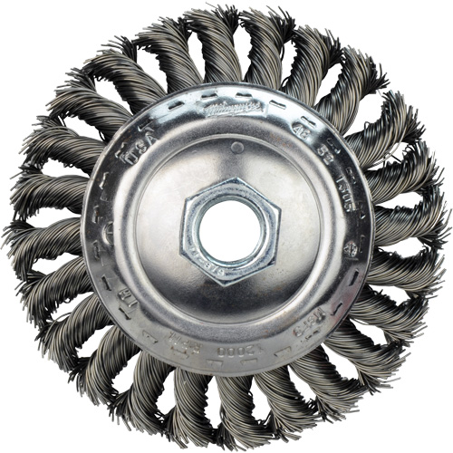 Disque m&eacute;tallique &agrave; fils torsad&eacute;s, Dia. 4", Fils 0,02", Arbre 5/8"-11, Acier au carbone WestPier