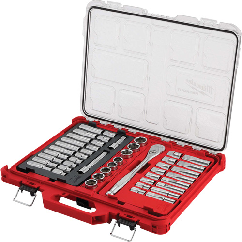 Jeu de cliquets et rochets avec organisateur &agrave; profil bas PACKOUT, 47 Mcx, Prise de 1/2", Profond WestPier
