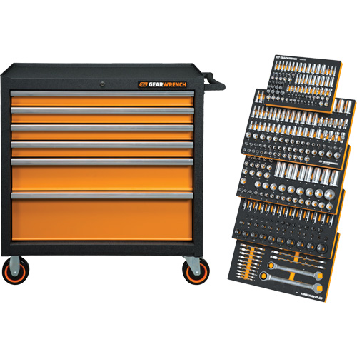 Jeu d'outils m&eacute;triques pour m&eacute;canicien MEGAMOD dans des plateaux en mousse modulaire avec armoire roulante &agrave; outils, 358 morcea WestPier