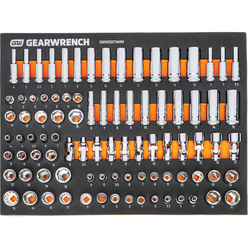 Jeu d'outils m&eacute;triques pour m&eacute;canicien MEGAMOD dans des plateaux en mousse modulaire avec armoire roulante &agrave; outils, 358 morcea WestPier