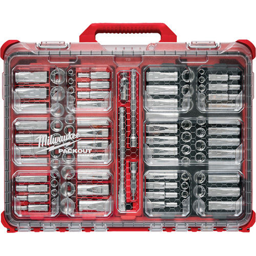 Jeu de cliquets et douilles m&eacute;triques/SAE avec organisateur PACKOUT &agrave; profil bas, 98 Mcx, Prise de 3/8" WestPier