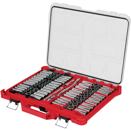 Jeu de cliquets et douilles m&eacute;triques/SAE avec organisateur PACKOUT &agrave; profil bas, 98 Mcx, Prise de 3/8" WestPier