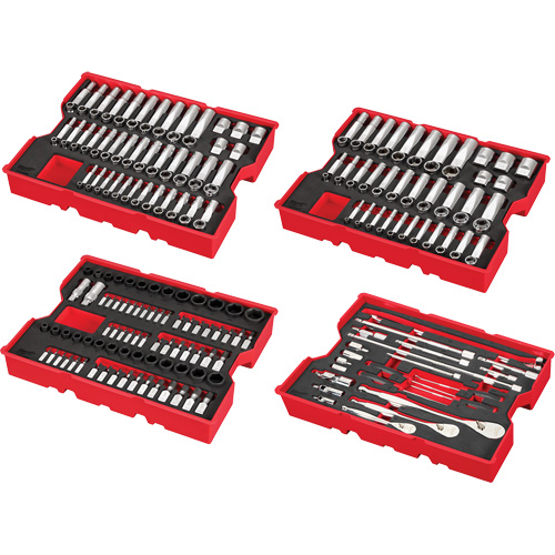 Jeu de cliquets et douilles m&eacute;triques et SAE avec organisateur PACKOUT &agrave; profil bas, 242 Mcx, Chocs, Prise de 1/4"/3/8"/1/2", Profond WestPier