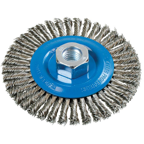 Stringer Bead Knotted Wire Brush, 4-1/2" Dia., 0.02" Fill, 5/8"-11 Arbor, Aluminum/Stainless Steel WestPier