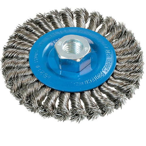 Wide Knotted Wire Wheel Brush, 4-1/2" Dia., 0.02" Fill, 5/8"-11 Arbor, Aluminum/Stainless Steel WestPier