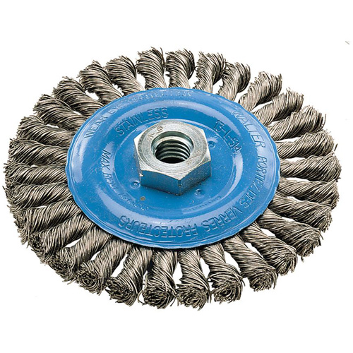 Wide Knotted Wire Wheel Brush, 5" Dia., 0.02" Fill, 5/8"-11 Arbor, Aluminum/Stainless Steel WestPier