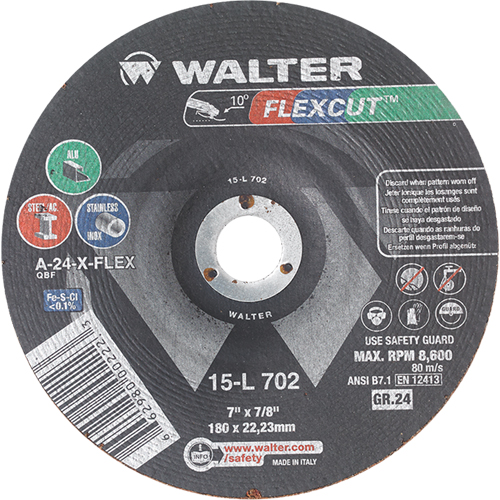 Meules &agrave; moyeu d&eacute;port&eacute; Flexcut, 7", 24 Grain, Oxyde d'aluminium, 7/8", 8600 Tr/min, Type 29 WestPier