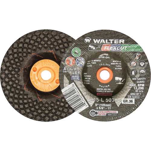 Meules &agrave; moyeu d&eacute;port&eacute; Flexcut, 5", 36 Grain, Oxyde d'aluminium, 5/8"-11, 12 200 Tr/min, Type 29 WestPier