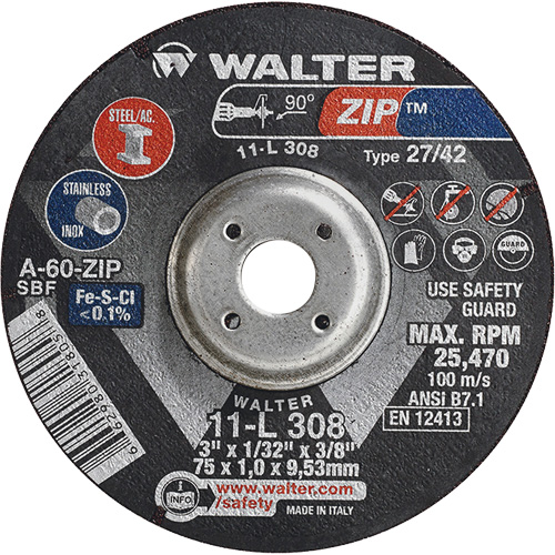 Disque de meulage et de tronçonnage Zip, 3" x 1/13", Arbre de 3/8", Type 27, Grain de 60, Oxyde d'aluminium WestPier