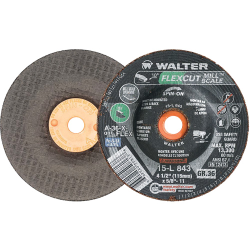 FLEXCUT MILL SCALE Grinding Wheel, 4-1/2", 36 Grit, Aluminum Oxide, 5/8"-11, 13300 RPM, Type 29 WestPier