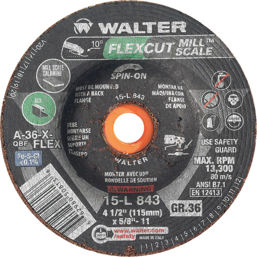 FLEXCUT MILL SCALE Grinding Wheel, 4-1/2", 36 Grit, Aluminum Oxide, 5/8"-11, 13300 RPM, Type 29 WestPier