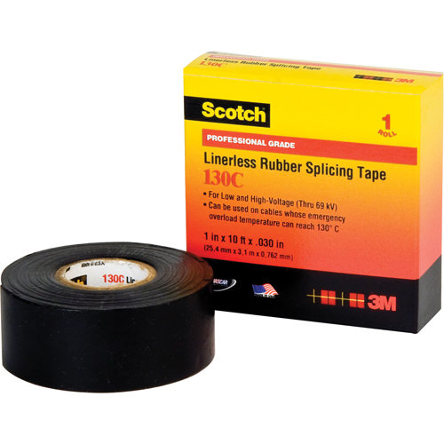 Scotch&reg; Linerless Rubber Splicing Tape 130C, 25.4 mm (1") x 9.14 m (30'), Black WestPier