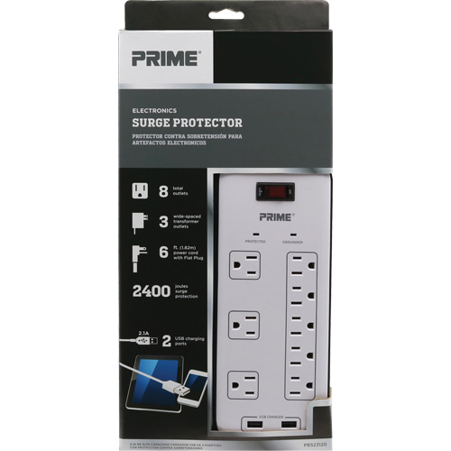 USB Charging Surge Protectors, 8 Outlets, 2400 J, 1875 W, 6' Cord WestPier