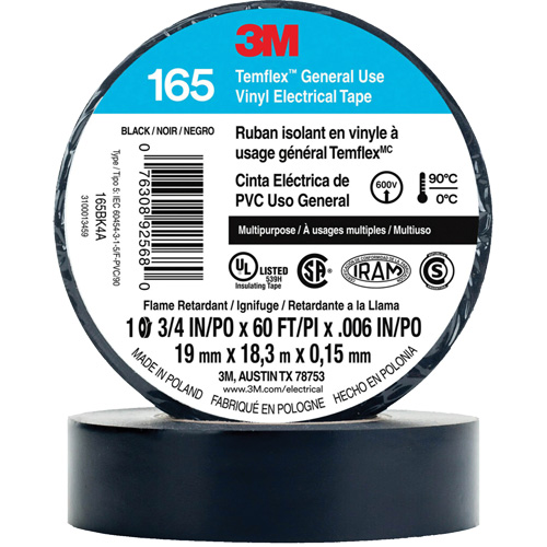 Ruban isolant en vinyle &agrave; usage g&eacute;n&eacute;ral Temflex 165, 19 mm (3/4") x 18 m (60'), Noir, 6 mils WestPier