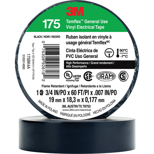 Temflex General Use Vinyl Electrical Tape 175, 19 mm (3/4") x 18 M (60'), Black, 7 mils WestPier