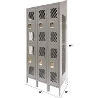 Vented Lockers, 2 -tier, Bank of 3, 36 x 18" x 88", Steel, Grey, Knocked Down, Perforated WestPier