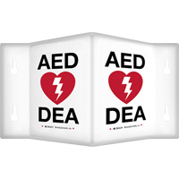 90° Projecting "AED/DEA" Sign, 6" x 5", Plastic, Bilingual with Pictogram WestPier