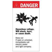 "Danger Hazardous Voltage" Sign, 8" x 4-1/2", Acrylic, English with Pictogram SY227 | WestPier